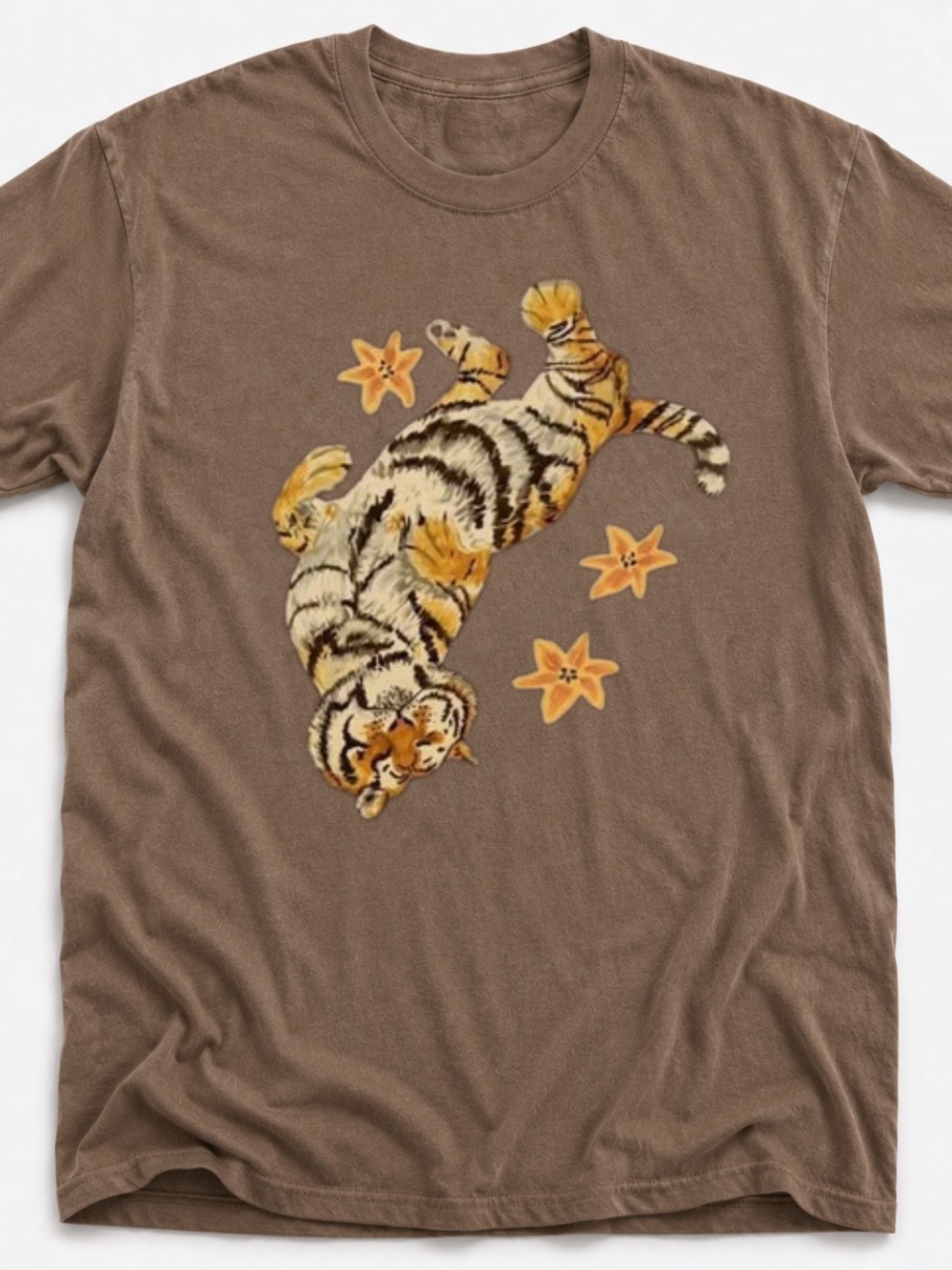 Gildan Brown Short Sleeve Tee with Tiger & Floral Graphic